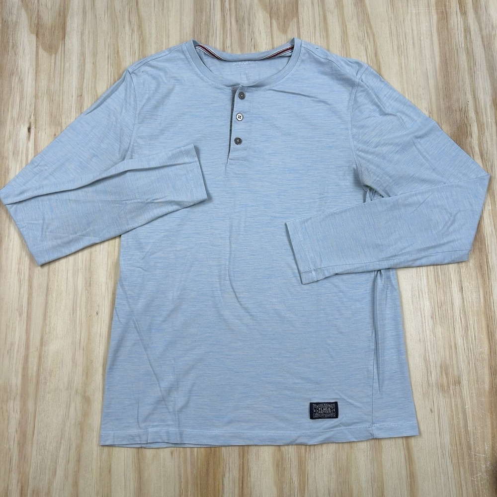 Flag‎ and Anthem Shirt Men S Blue Henley Long Sleeve Cotton Blend Flaw